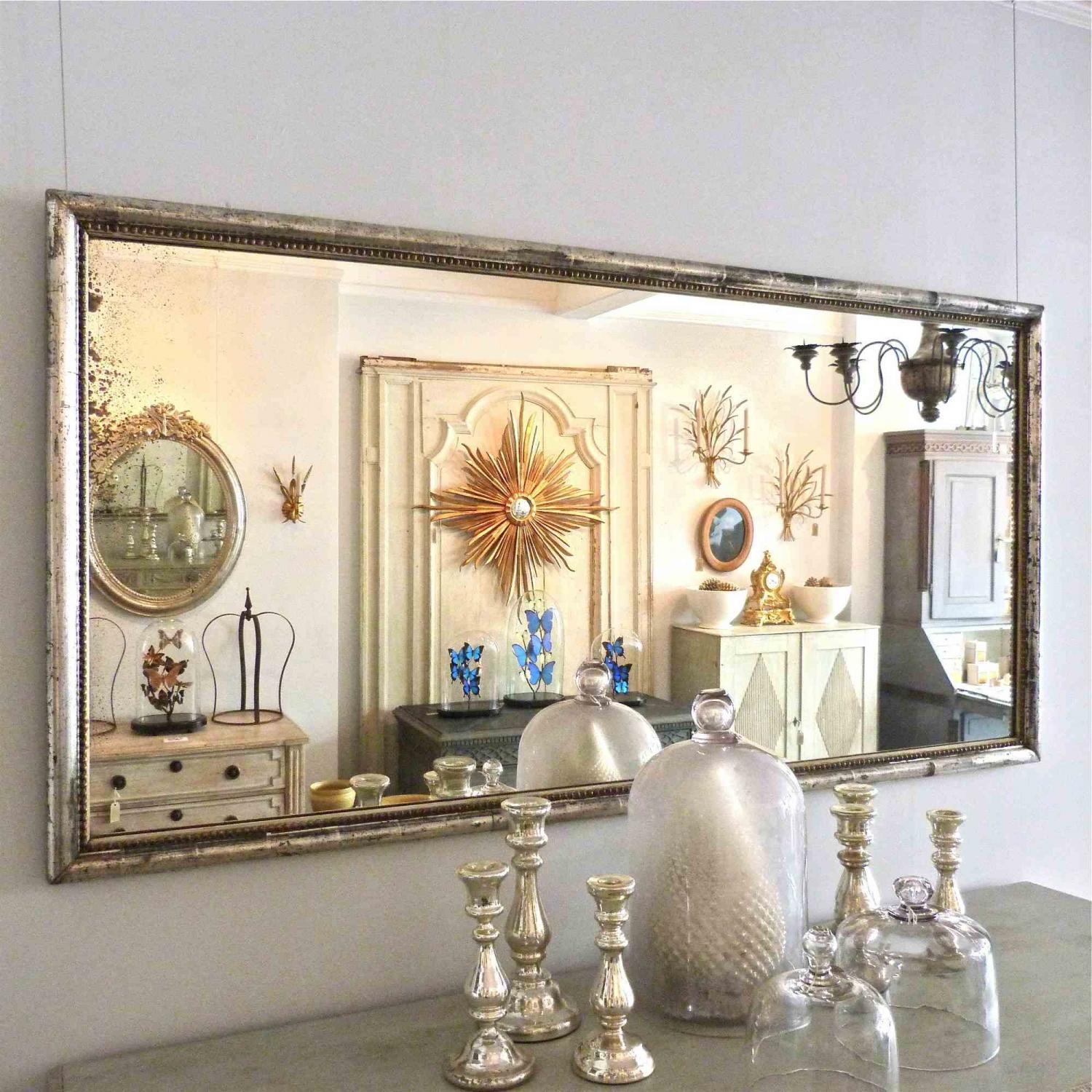 RARE FRENCH SILVER BISTRO MIRROR WITH BEADED TRIM