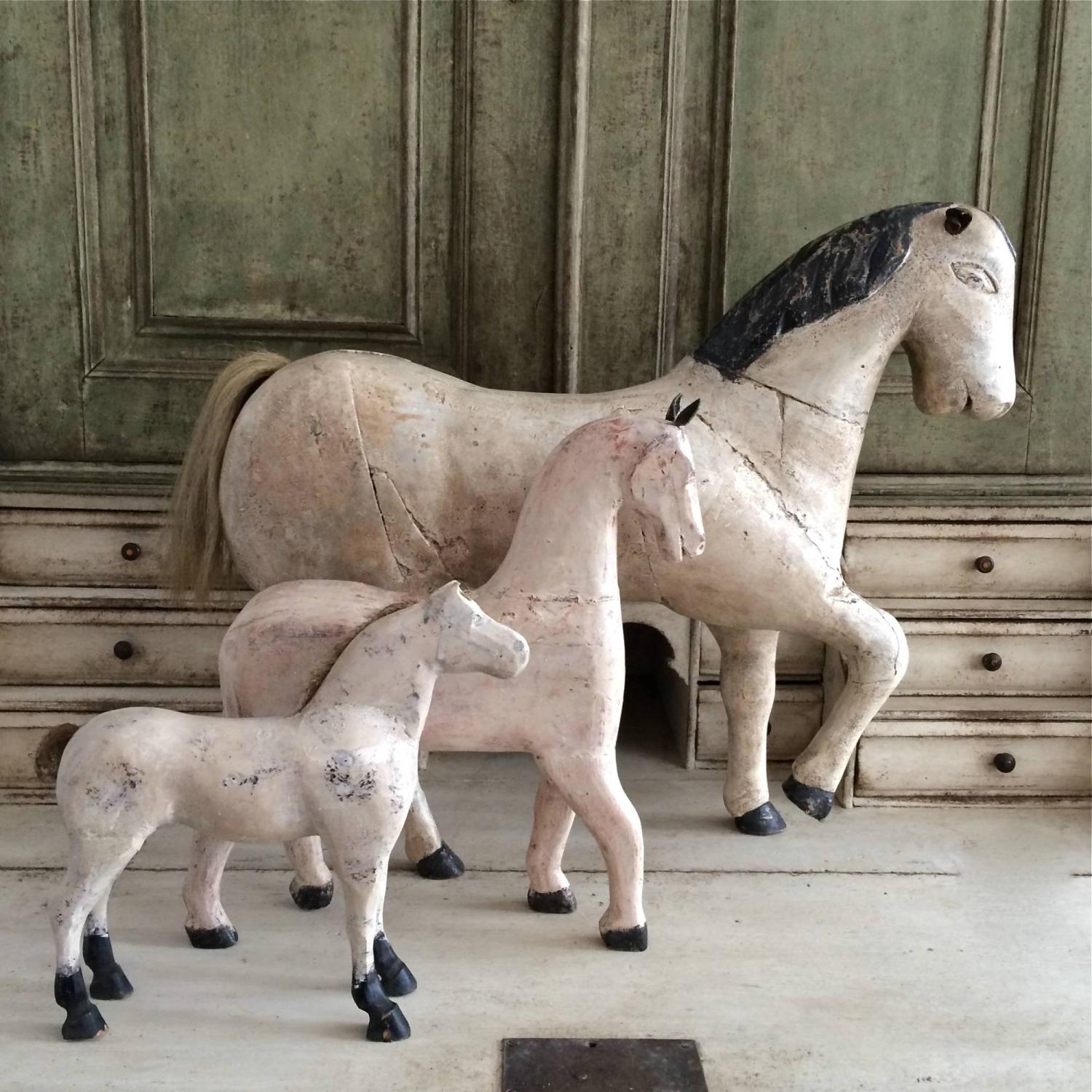 TRIO OF FRENCH FOLK ART HORSES IN ORIGINAL PAINT