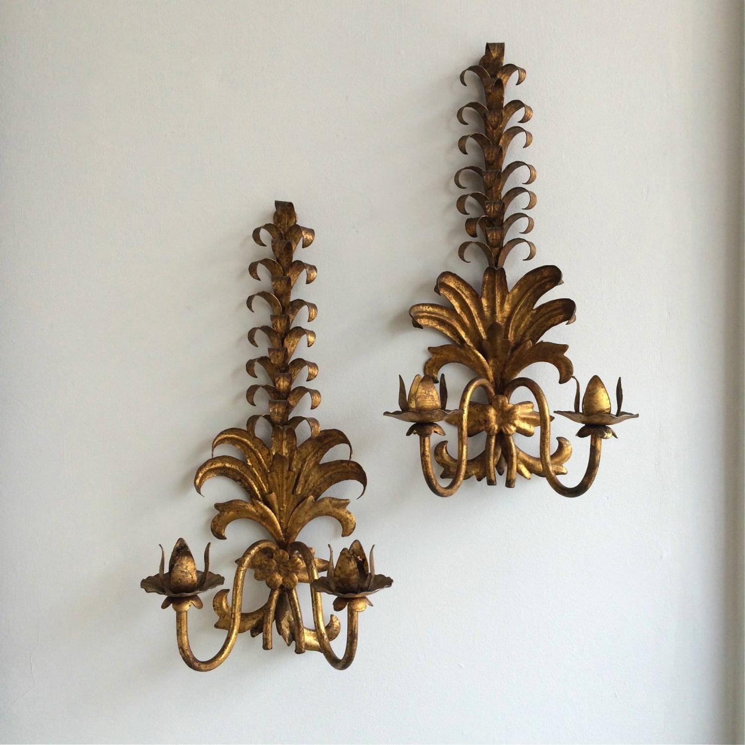 STUNNING FRENCH VINTAGE GILT TOLLE WALL SCONCES