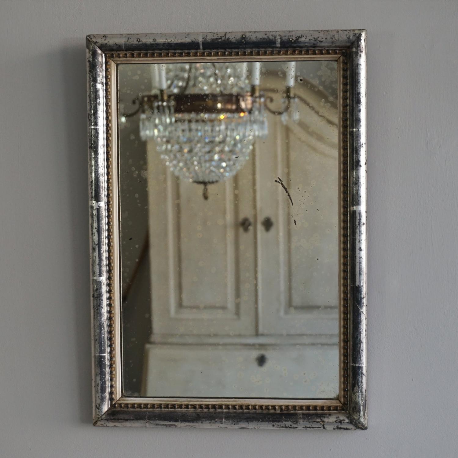 SMALL FRENCH ANTIQUE SILVER BEADED MIRROR